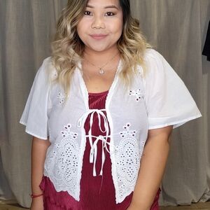 White Flutter Sleeve Tie Front Blouse